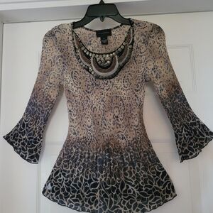 Investments Beige and Navy Printed Tunic with Beaded Collar, Pleated.